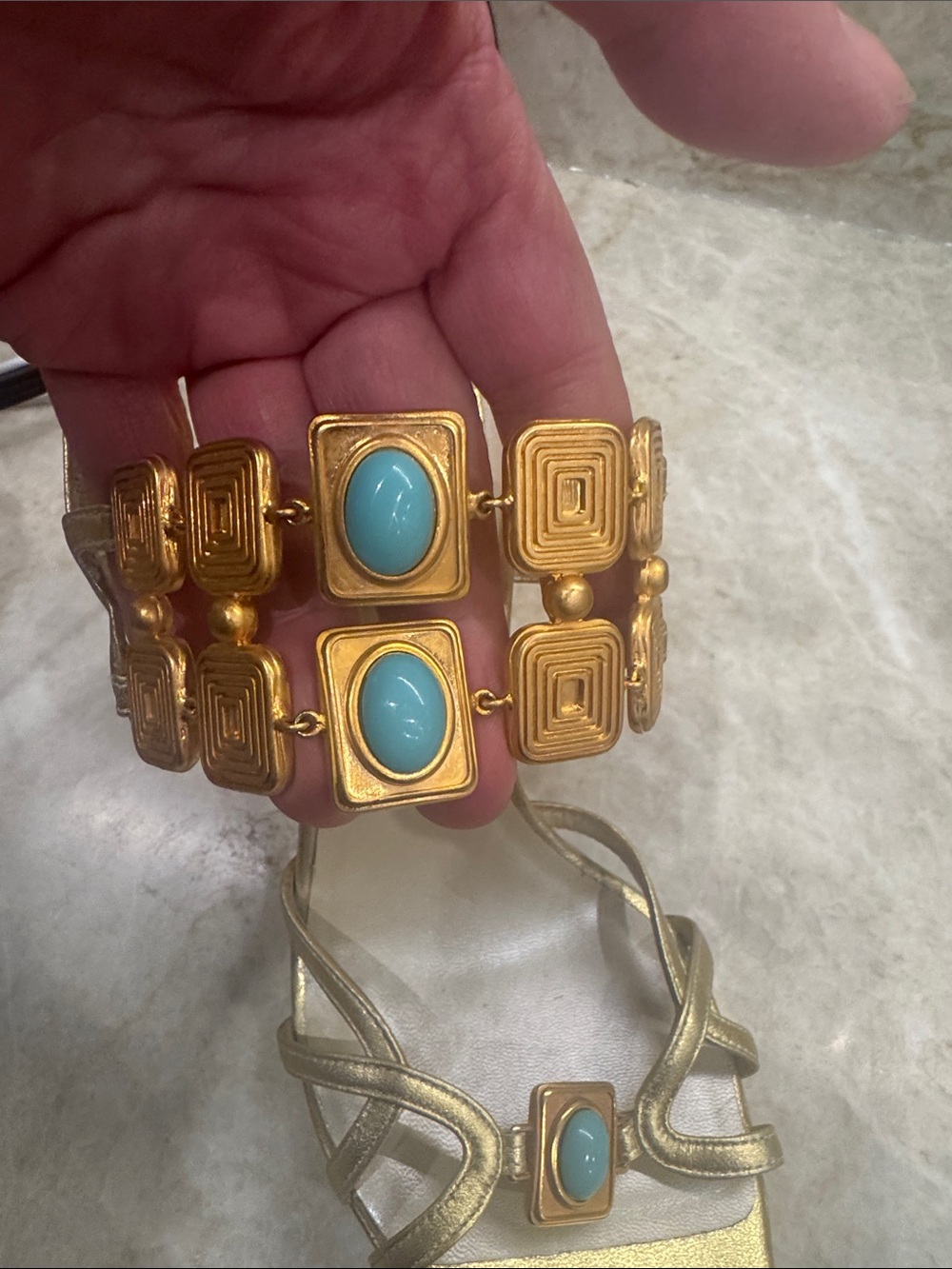 Dior Gold Strappy Heels with Turquoise Stone Accents - Picture 4 of 11